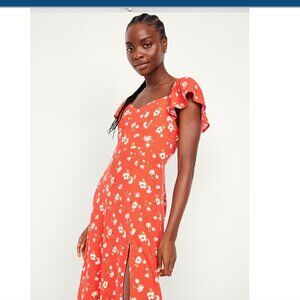 Old Navy Flutter Sleeve Crepe Midi Dress XL Red Floral Slit Smocking Sweetheart